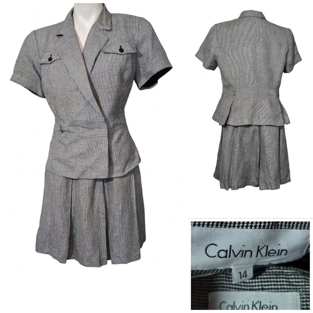 Calvin Klein Womens Linen Blend Houndstooth Skirt Suit Set Grey White Size 14